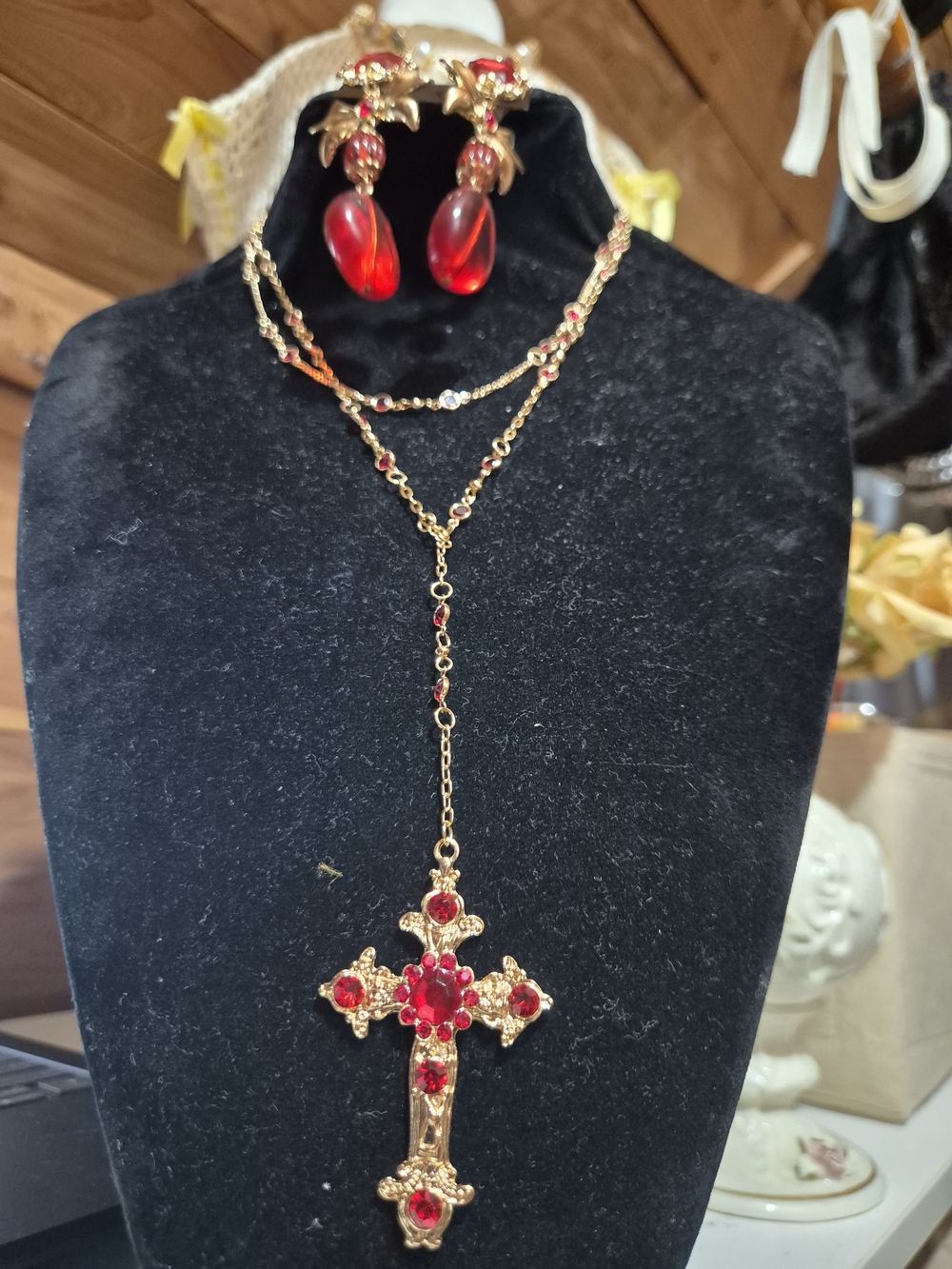 Gold-Tone Red Crystal Cross Necklace with Matching Earrings